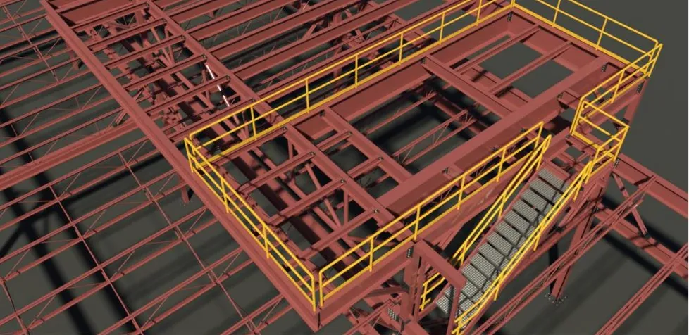 3D structural steel model of an elevated platform with yellow guardrails and access stairs